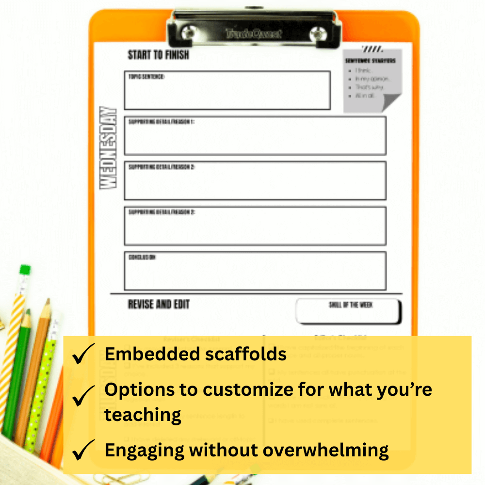 A clipboard holds the "Would You Rather October Morning Work: This or That Halloween Paragraph Writing" worksheet by Differentiated Teaching with Rebecca Davies, featuring scaffolds, customization, and engaging design for daily writing tasks.