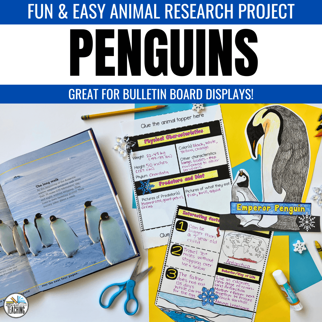 The Penguin Research Report Project: Polar Animal Writing Craft by Differentiated Teaching with Rebecca Davies includes an open book, fact sheet, emperor penguin cutout, and more—ideal for polar animal research or Mr. Popper’s Penguins studies.