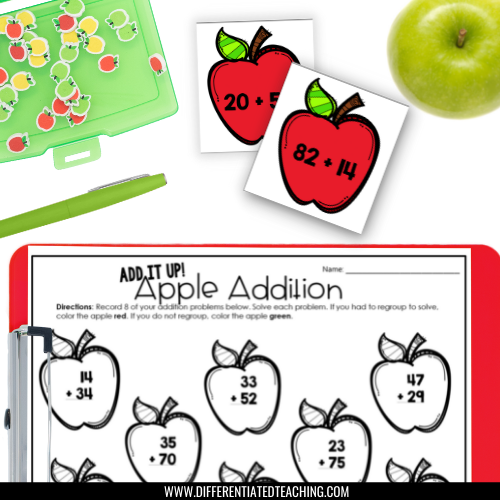 Apple Addition: 2-Digit Addition w/ Regrouping Math Center Activities for Fall - Differentiated Teaching with Rebecca Davies