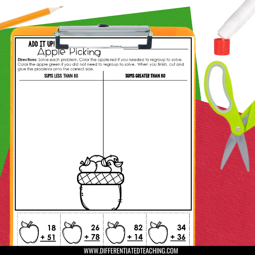 Apple Addition: 2-Digit Addition w/ Regrouping Math Center Activities for Fall - Differentiated Teaching with Rebecca Davies
