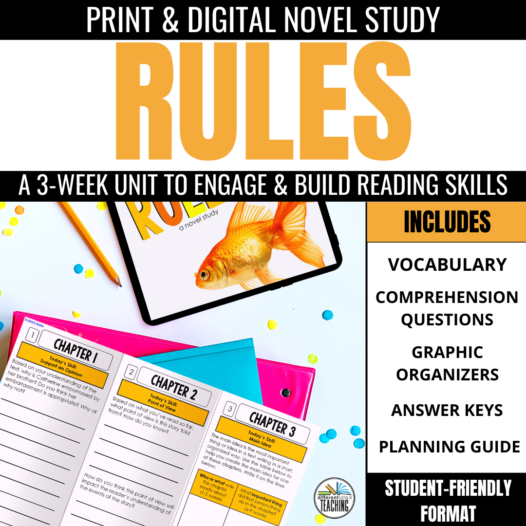 Rules Novel Study Unit: Literature Guide, Comprehension & Vocabulary for Rules by Cynthia Lord - Differentiated Teaching with Rebecca Davies