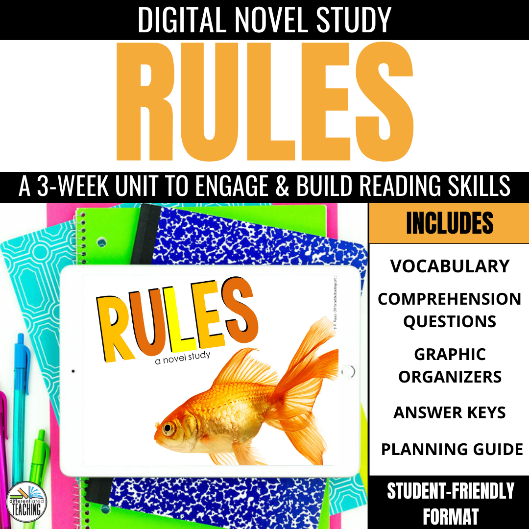Rules Novel Study Unit: Literature Guide, Comprehension & Vocabulary for Rules by Cynthia Lord - Differentiated Teaching with Rebecca Davies