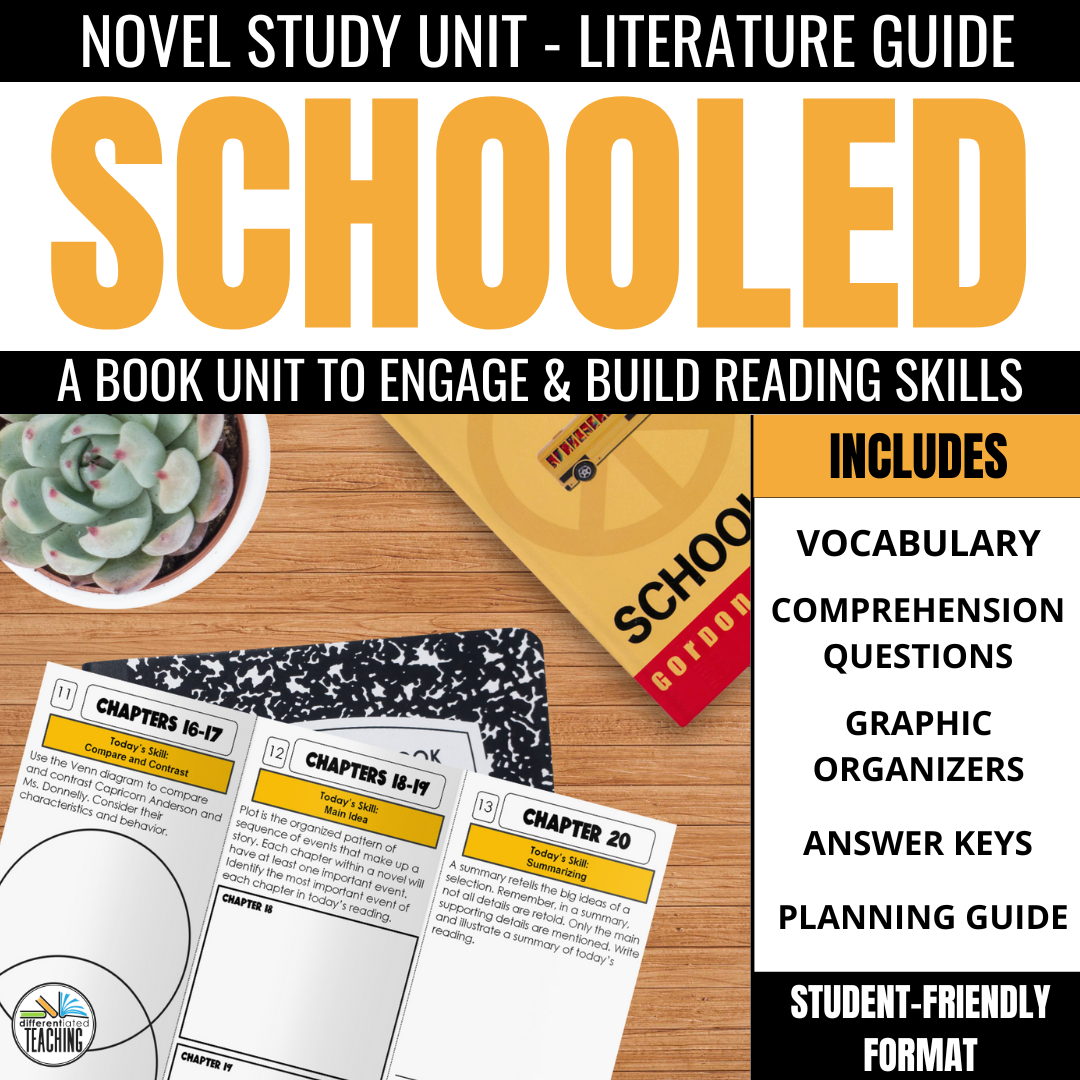 Schooled Novel Study: Comprehension & Vocabulary for Schooled by Gordon Korman - Differentiated Teaching with Rebecca Davies