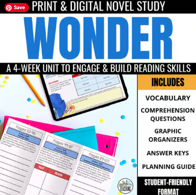 Image displaying Differentiated Teaching with Rebecca Davies’ Wonder Novel Study Activities: Comprehension Book Unit & Literature Guide, featuring worksheets, tablets with digital resources, folders, vocabulary activities, comprehension questions, and more.