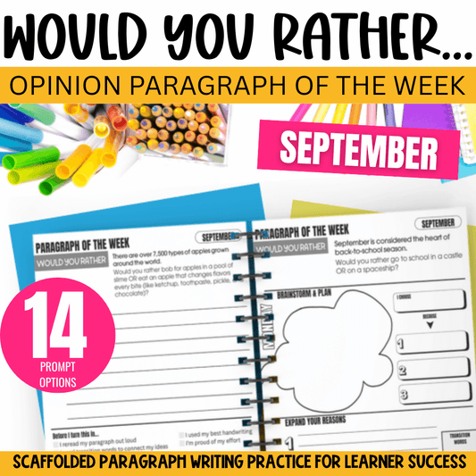 Would You Rather September Morning Work: This or That Paragraph Writing Practice by Differentiated Teaching with Rebecca Davies offers 14 September prompts, spiral notebook pages, and colorful pens—perfect for bell ringers and morning work.