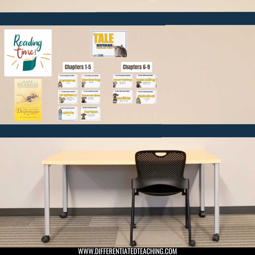 A classroom bulletin board features "Reading time!" with book art, vocabulary, chapter groups, and questions as part of The Tale of Despereaux Novel Study Unit by Differentiated Teaching with Rebecca Davies. differentiatedteaching.com is on the floor.