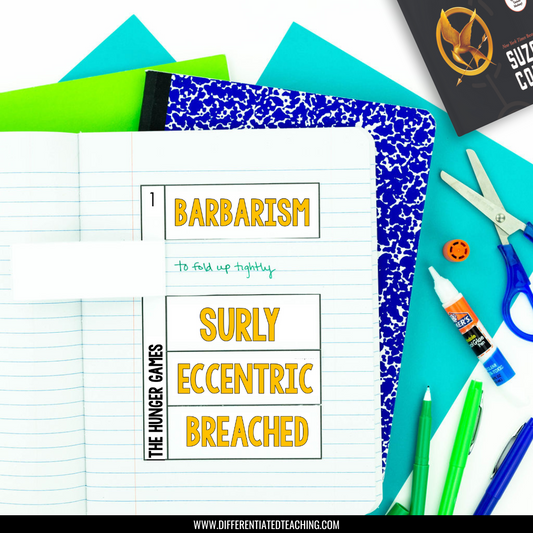 An open notebook shows vocabulary words—Barbarism, Surly, Eccentric, Breached—alongside blue folders, a composition book, pens, glue, scissors, and The Hunger Games Novel Study by Differentiated Teaching with Rebecca Davies for learning activities.