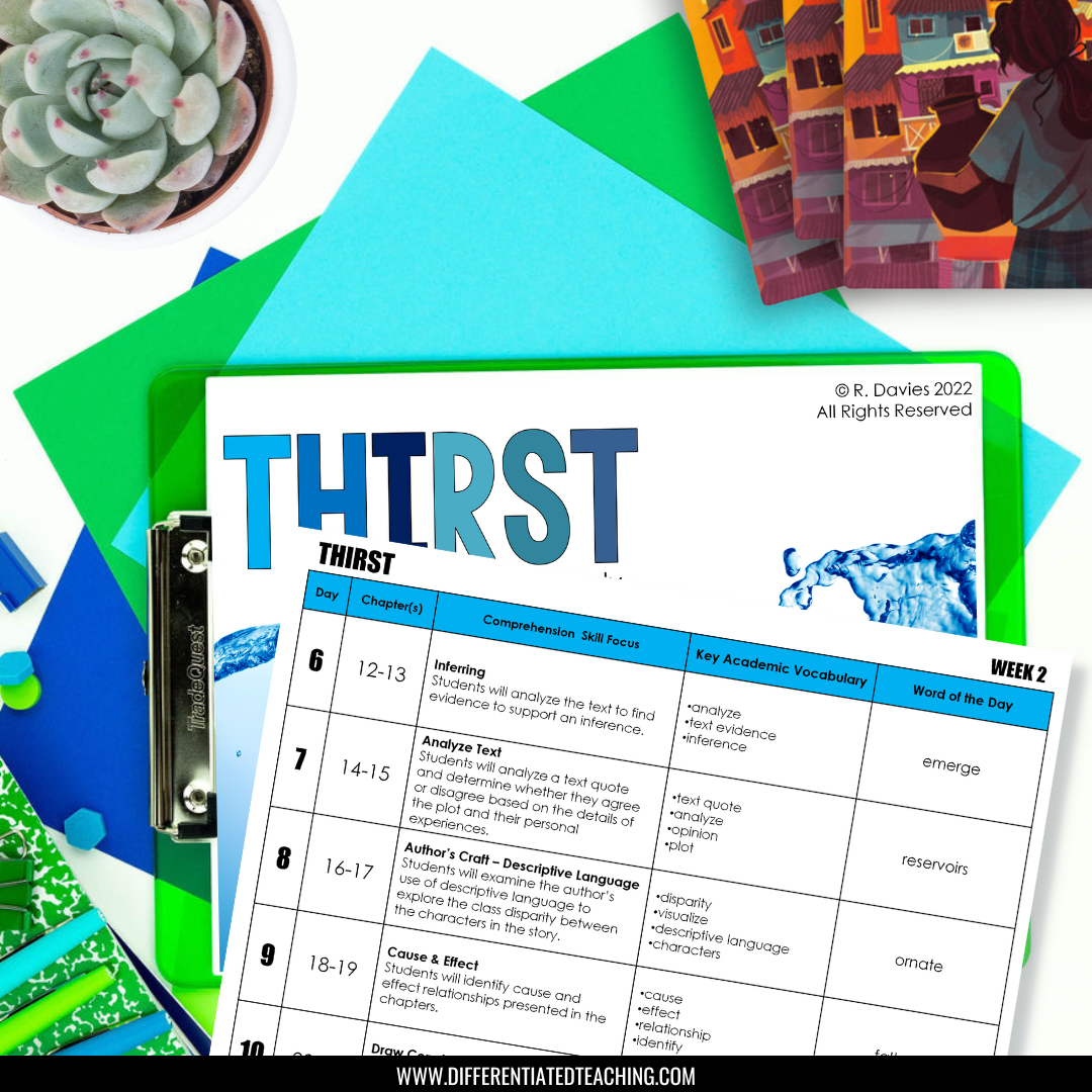Thirst Book Study: Comprehension & Vocabulary for the Novel by Varsha Bajaj - Differentiated Teaching with Rebecca Davies