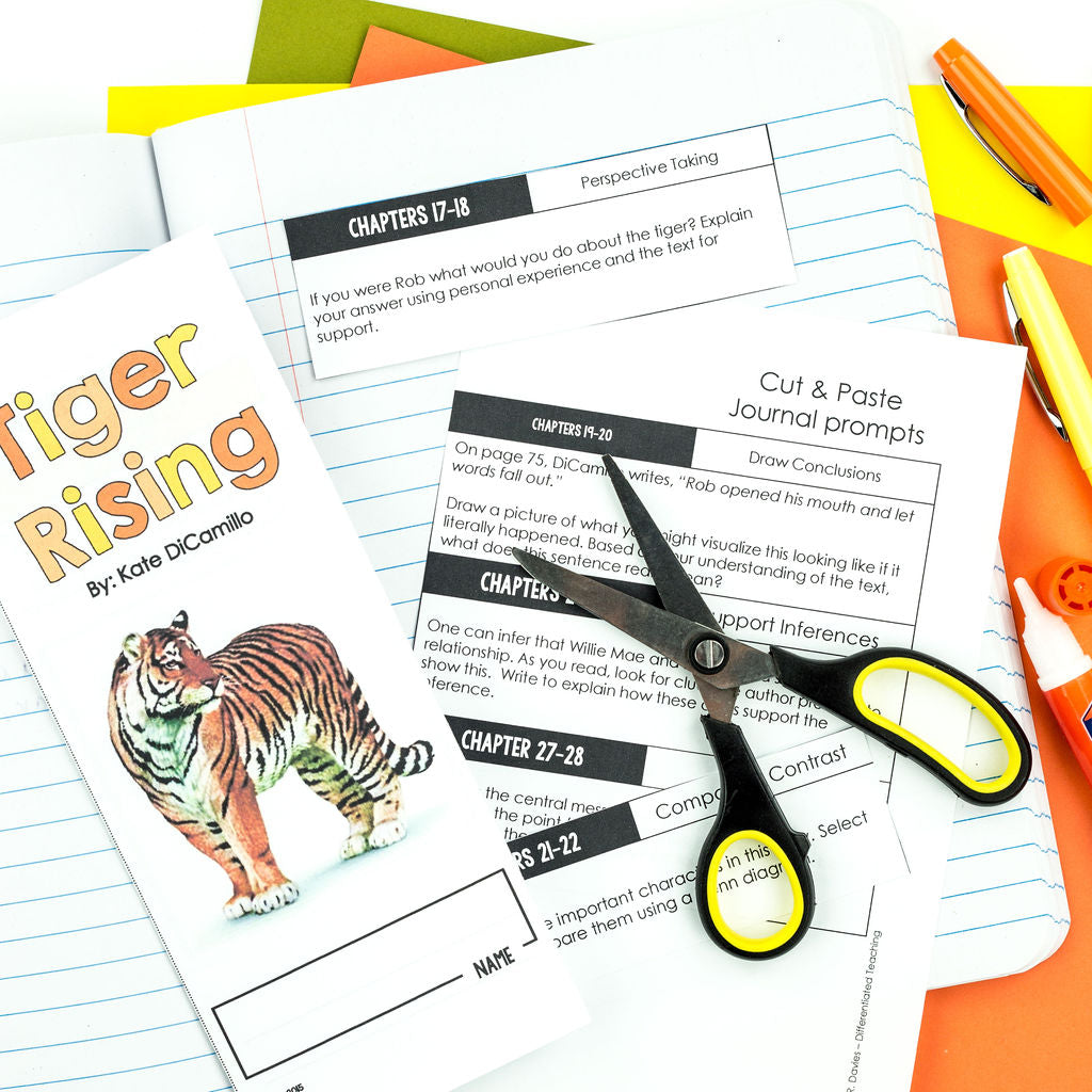 The Tiger Rising Novel Study by Differentiated Teaching with Rebecca Davies features a colorful bookmark, worksheets with journal prompts and chapter sections, scissors, pencils, and a notebook—ideal for novel study or literature circles.