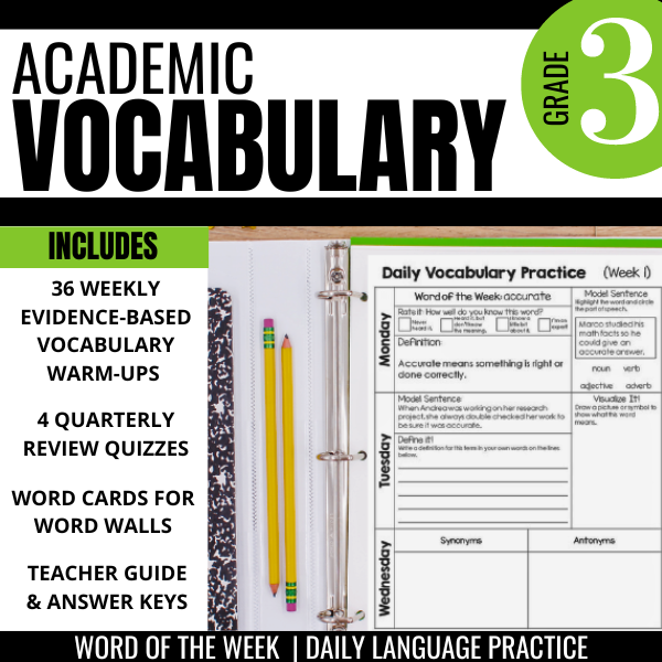 Image shows "3rd Grade Academic Vocabulary: Daily activities to boost academic language" by Differentiated Teaching with Rebecca Davies—a binder open to a grade 3 worksheet with weekly warm-ups, quizzes, word cards, teacher guide, and answer keys.