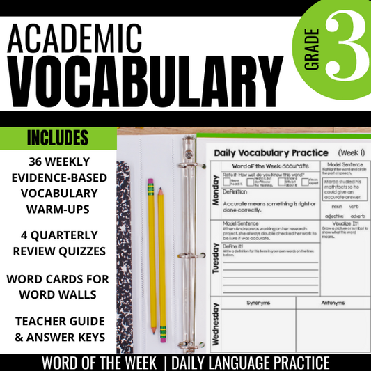 Image shows "3rd Grade Academic Vocabulary: Daily activities to boost academic language" by Differentiated Teaching with Rebecca Davies—a binder open to a grade 3 worksheet with weekly warm-ups, quizzes, word cards, teacher guide, and answer keys.