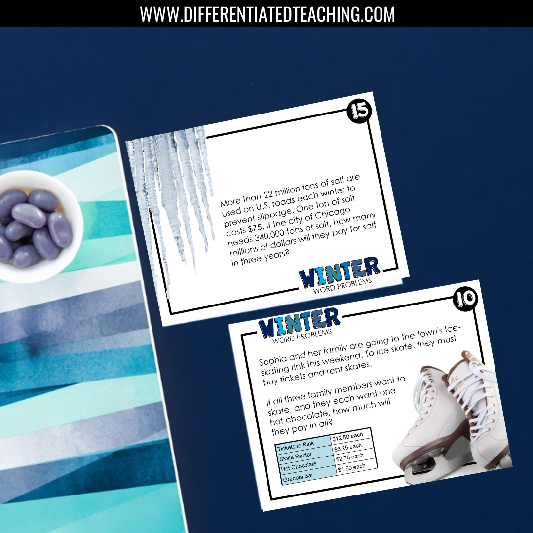 Winter Word Problems for 5th grade: Story Problem Task Cards - Differentiated Teaching with Rebecca Davies