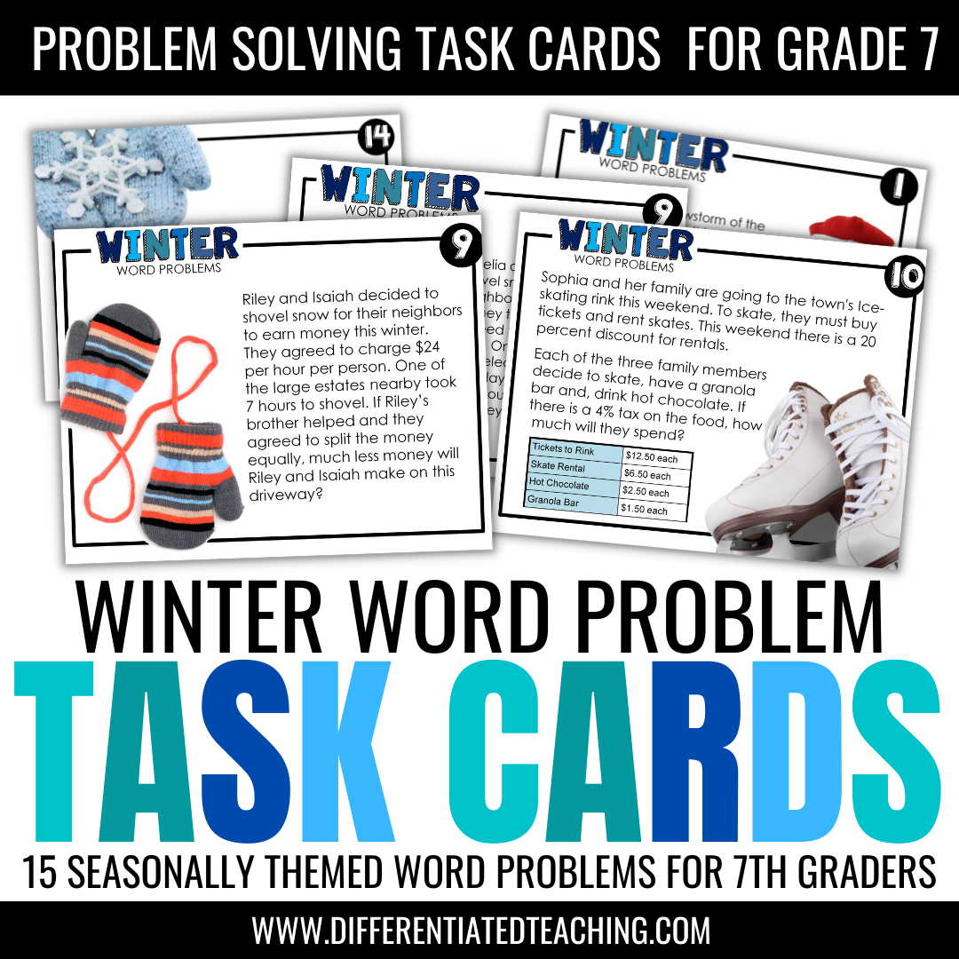 Winter Word Problems for 7th grade: Story Problem Task Cards - Differentiated Teaching with Rebecca Davies