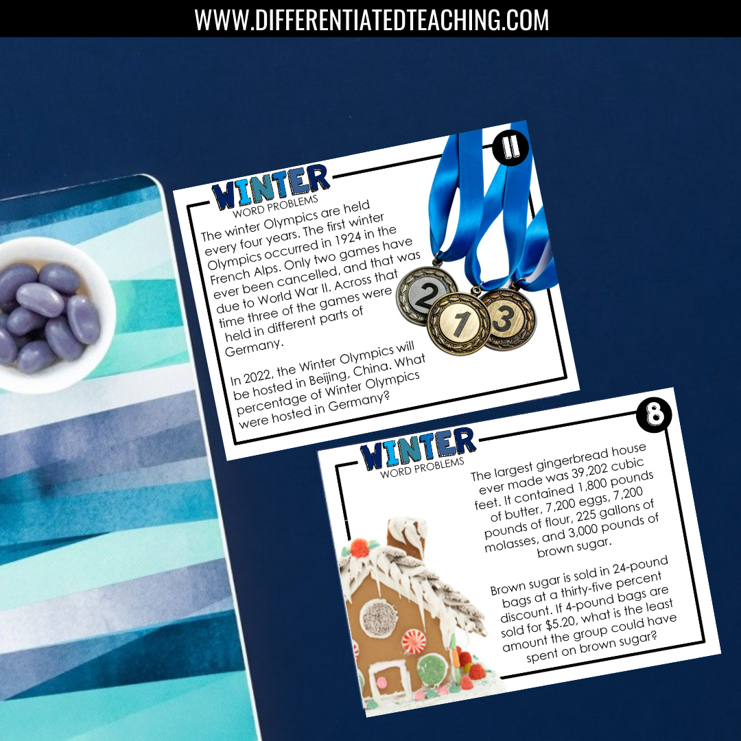 Winter Word Problems for 7th grade: Story Problem Task Cards - Differentiated Teaching with Rebecca Davies