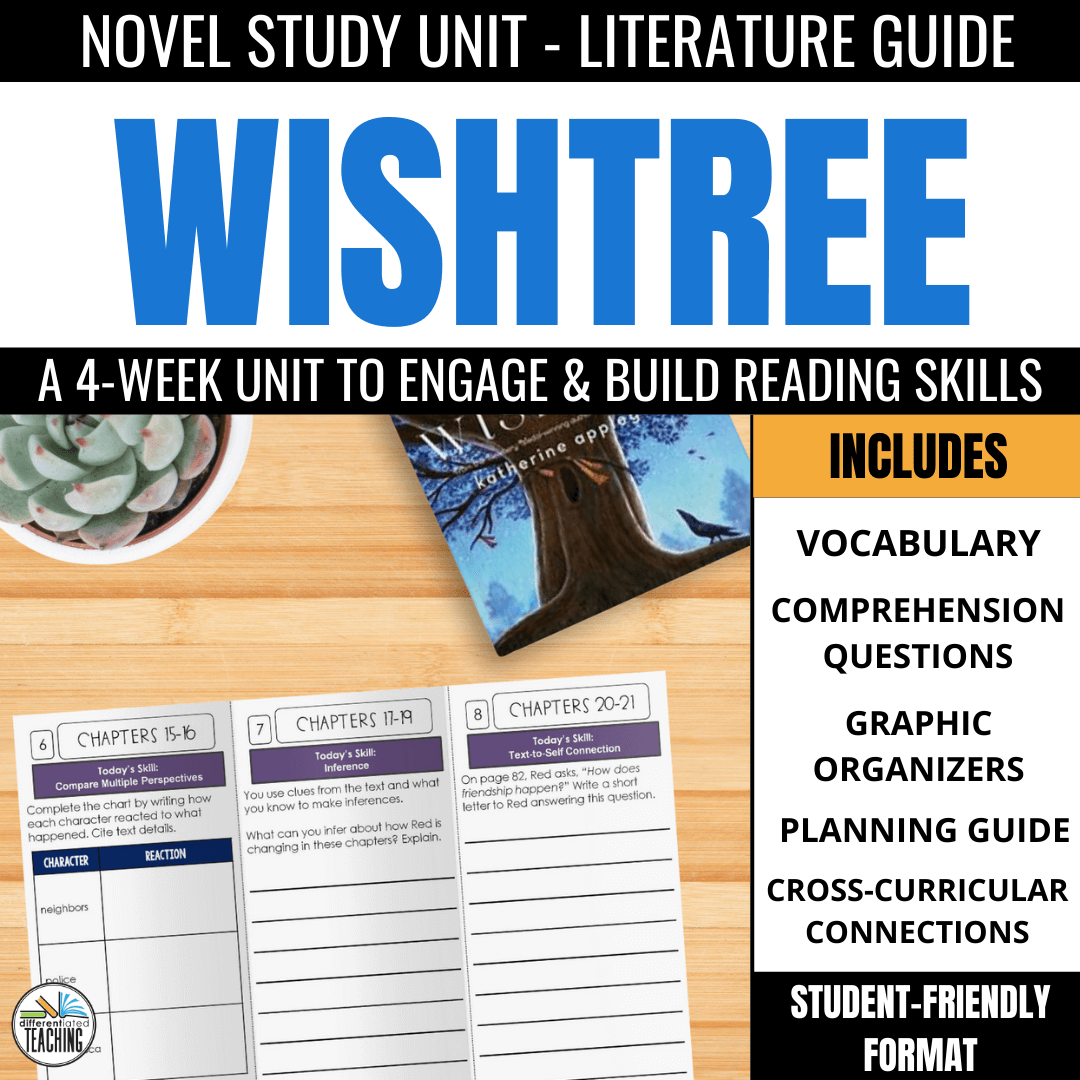 A promotional image for the Wishtree by Katherine Applegate Novel Study from Differentiated Teaching with Rebecca Davies features a book, planners, plant, and highlights activities like comprehension, vocabulary, graphic organizers & more. Ideal for any book club.