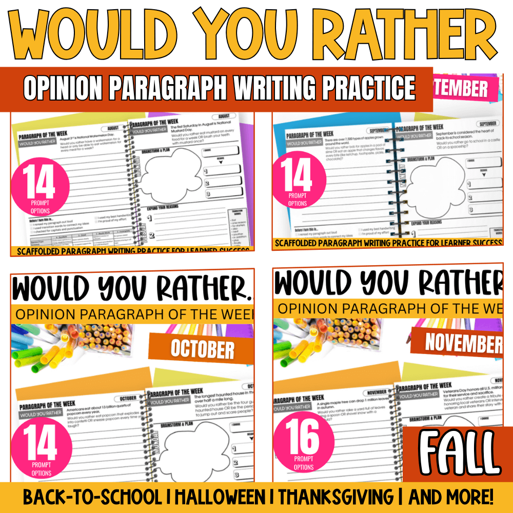 Would You Rather Yearlong Morning Work: This Or That Paragraph of the Week by Differentiated Teaching with Rebecca Davies features four colorful, labeled worksheets for September–November, perfect for fall-themed paragraph writing and engaging morning activities.