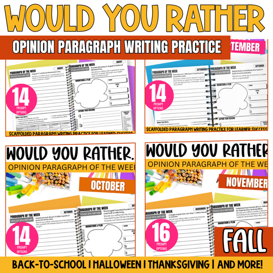 Would You Rather Fall Morning Work: This Or That Paragraph Writing Practice by Differentiated Teaching with Rebecca Davies includes September, October, and November worksheets with fun fall themes to engage students in writing each morning.