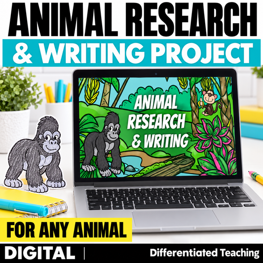 A laptop screen displays a Digital Animal Research Project - Google Slides Format featuring a cartoon gorilla and monkey in a jungle setting, with a paper gorilla cutout sitting on the desk next to it.