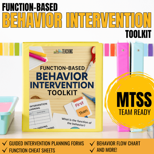 A yellow binder labeled Behavior Intervention Plan Toolkit with Flow Chart & Documentation Forms by Differentiated Teaching with Rebecca Davies sits among school supplies, highlighting planning forms, a flow chart, cheat sheets, and MTSS Team Ready features.