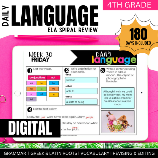 The Differentiated Teaching with Rebecca Davies Digital 4th Grade Daily Language Spiral Review for Google Slides offers 180 days of interactive grammar, roots, vocab, revising, and editing practice for 4th grade—perfect for use on tablets or Google Classroom.