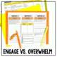 A colorful Engage vs. Overwhelm worksheet with Engage 1, 2, and 3 columns—ideal for comprehension or The Tiger Rising Novel Study by Differentiated Teaching with Rebecca Davies—plus a yellow pen and highlighter on extra papers.