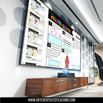A classroom screen shows the "3rd Grade Math Spiral Review – Daily Warm-Ups for Third Grade" by Differentiated Teaching with Rebecca Davies, featuring colorful math questions and diagrams above a wooden cabinet in a modern room with polka dot wallpaper.
