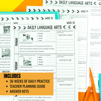 A stack of 6th Grade ELA Spiral Review: Daily Grammar & Language Bell Ringers worksheets with a highlighted overlay listing 36 weeks of grammar review, a teacher planning guide, and answer keys.