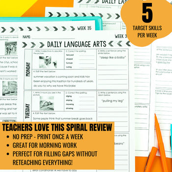 A 6th Grade ELA Spiral Review: Daily Grammar & Language Bell Ringers worksheet for Monday and Tuesday, featuring an orange overlay of five weekly target skills and bullet points outlining the benefits of daily language practice.