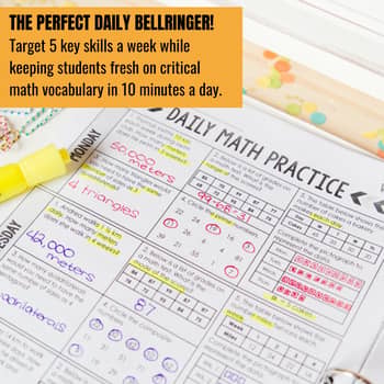 A worksheet from Differentiated Teaching with Rebecca Davies’ 5th Grade Math Spiral Review – Daily Math Warm-Ups for Fifth Grade, with handwritten notes and highlights, sits on a desk beside a yellow highlighter and colorful beads. Perfect for daily bellringers!.