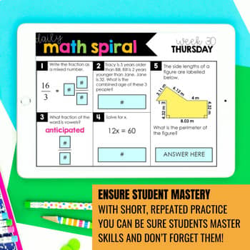 A tablet displays the “5th Grade Math Spiral Review – Daily Math Warm-Ups for Fifth Grade” by Differentiated Teaching with Rebecca Davies, featuring Thursday’s worksheet, problems, answer boxes, tips box, colored pens, and a notebook.