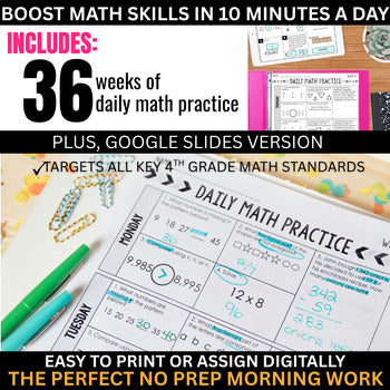 Promotional image for 4th Grade Math Spiral Review – Daily Warm-Ups for Fourth Grade by Differentiated Teaching with Rebecca Davies, featuring worksheets and stationery. Text highlights 36 weeks of daily math, Google Slides version, and easy print options.