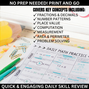 The 4th Grade Math Spiral Review – Daily Warm-Ups for Fourth Grade by Differentiated Teaching with Rebecca Davies, seen on a desk with pens and beads, covers fractions, decimals, patterns, computation, area, perimeter, and problem solving.