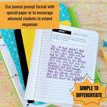 An open notebook showing a student’s handwritten response for a Touching Spirit Bear Novel Study by Differentiated Teaching with Rebecca Davies, with text overlays providing teaching instructions and noting the activity’s ease of differentiation.