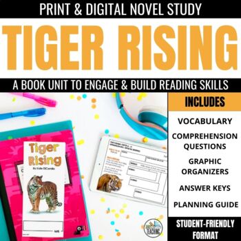 The Tiger Rising Novel Study by Differentiated Teaching with Rebecca Davies offers print and digital resources, pens, a booklet, vocabulary lists, comprehension questions, organizers, answer keys, and a planning guide.