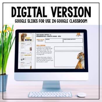 A desktop shows The Tiger Rising Novel Study by Differentiated Teaching with Rebecca Davies in Google Slides for Google Classroom. A vase with yellow flowers sits beside the monitor.