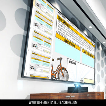 A large flat-screen TV shows the "4th Grade Math Word Problem of the Day | Daily Story Problem Practice" by Differentiated Teaching with Rebecca Davies, featuring a math worksheet with text, a bicycle image, and daily activity boxes. A black media console sits below.