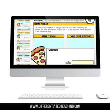 A computer monitor shows the 4th Grade Math Word Problem of the Day by Differentiated Teaching with Rebecca Davies, featuring daily story problem practice for 4th grade math. A keyboard, mouse, and branded website banner are also visible.