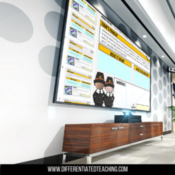 A modern classroom features the 2nd Grade Math Word Problem of the Day by Differentiated Teaching with Rebecca Davies, with educational Pilgrim presentations and printable/digital math activities. www.differentiatedteaching.com is displayed.