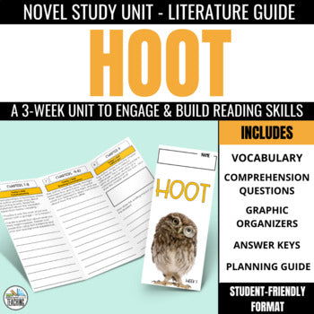 Image promoting Differentiated Teaching with Rebecca Davies’ “Hoot Novel Study: Comprehension Questions & Vocabulary for Carl Hiaasen’s book.” Features worksheets, an owl bookmark, and resources: vocab, comprehension questions, organizers, answer keys, planning guide.