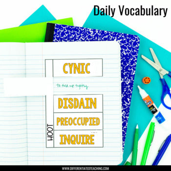 A notebook labeled "Daily Vocabulary" shows words like cynic, disdain, preoccupied, and inquire surrounded by school supplies—ideal for Differentiated Teaching with Rebecca Davies’ Hoot Novel Study: Comprehension Questions & Vocabulary.