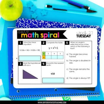 An iPad shows the “8th Grade Math Spiral Review – Daily Practice, Bellringers & Homework” by Differentiated Teaching with Rebecca Davies, sitting on blue notebooks with a green apple and pens nearby—perfect for daily math practice.