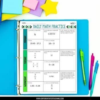 The 8th Grade Math Spiral Review – Daily Practice, Bellringers & Homework by Differentiated Teaching with Rebecca Davies is open on a white surface with colorful sticky notes and pens, ideal for standards-based math warm-ups or review.