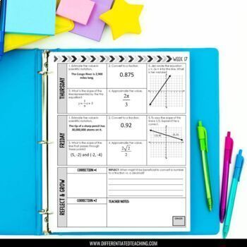 The 8th Grade Math Spiral Review by Differentiated Teaching with Rebecca Davies is open to a “Week 17” worksheet, with sections for Thursday and Friday plus graphs, equations, and answer spaces—surrounded by colorful pens and star-shaped notepads.