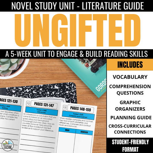 A promotional image for the Ungifted Novel Study Unit by Differentiated Teaching with Rebecca Davies. It features a 5-week reading skills course with comprehension questions, vocabulary, and graphic organizers included.