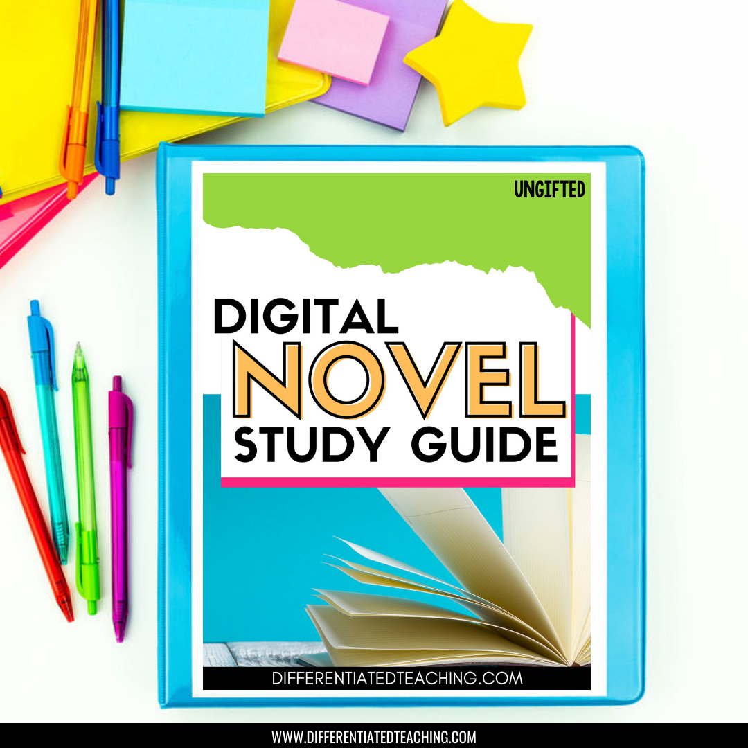 The Ungifted Novel Study Unit by Differentiated Teaching with Rebecca Davies lies on a white surface, surrounded by colorful pens, highlighters, sticky notes, a partially open book, and literature guide materials with comprehension questions.