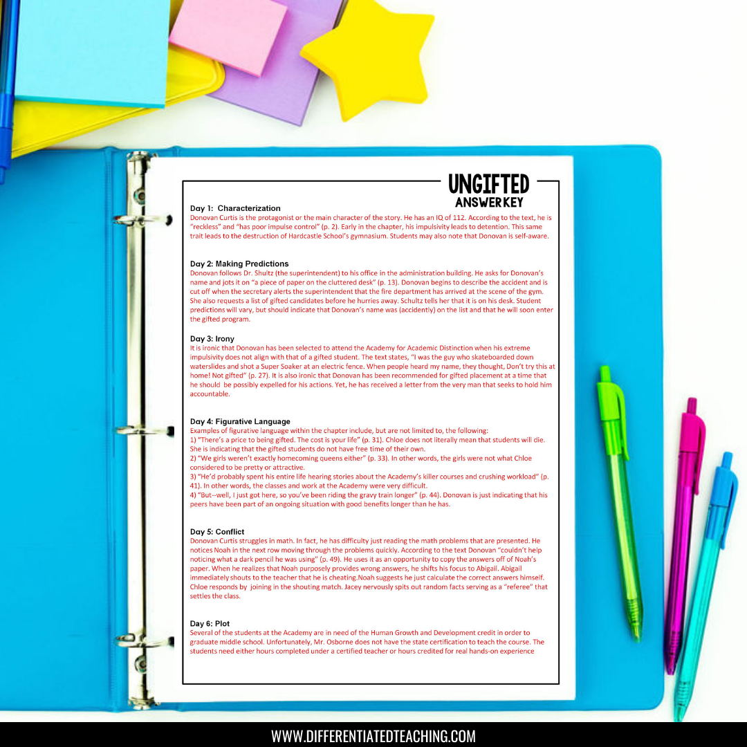 The Ungifted Novel Study Unit by Differentiated Teaching with Rebecca Davies includes a blue binder with an answer key and six days of reading tasks. Colorful pens, sticky notes, and paper clips are included. Find more guides at www.differentiatedteaching.com.