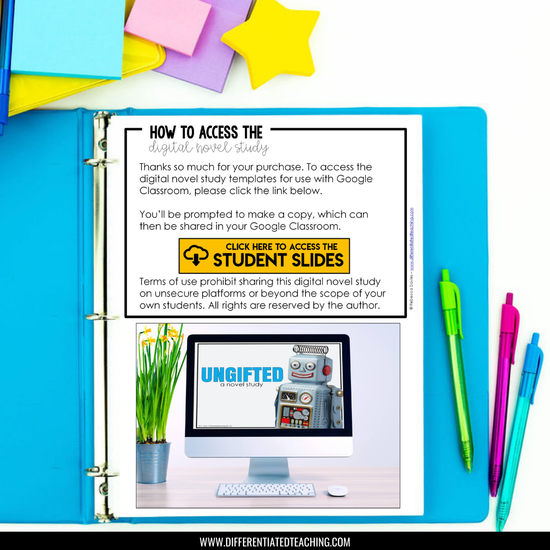 A blue binder with colorful supplies and the Ungifted Novel Study Unit by Differentiated Teaching with Rebecca Davies sits on a desk. A computer shows the UNGIFTED book cover, robot illustration, and comprehension questions.