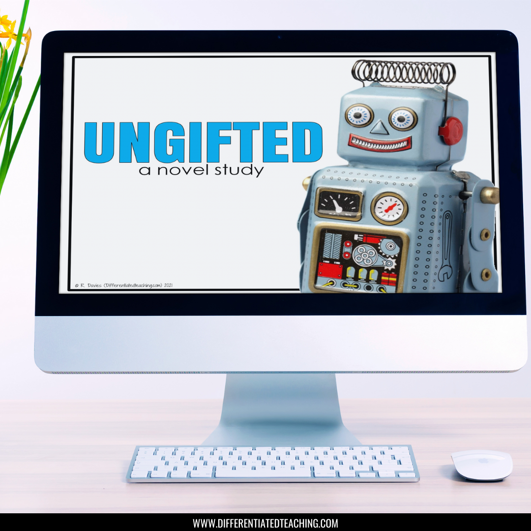 An iMac displays the Ungifted Novel Study Unit by Differentiated Teaching with Rebecca Davies, featuring a smiling vintage robot cover. A white keyboard and mouse below await your next literature guide or comprehension activity.