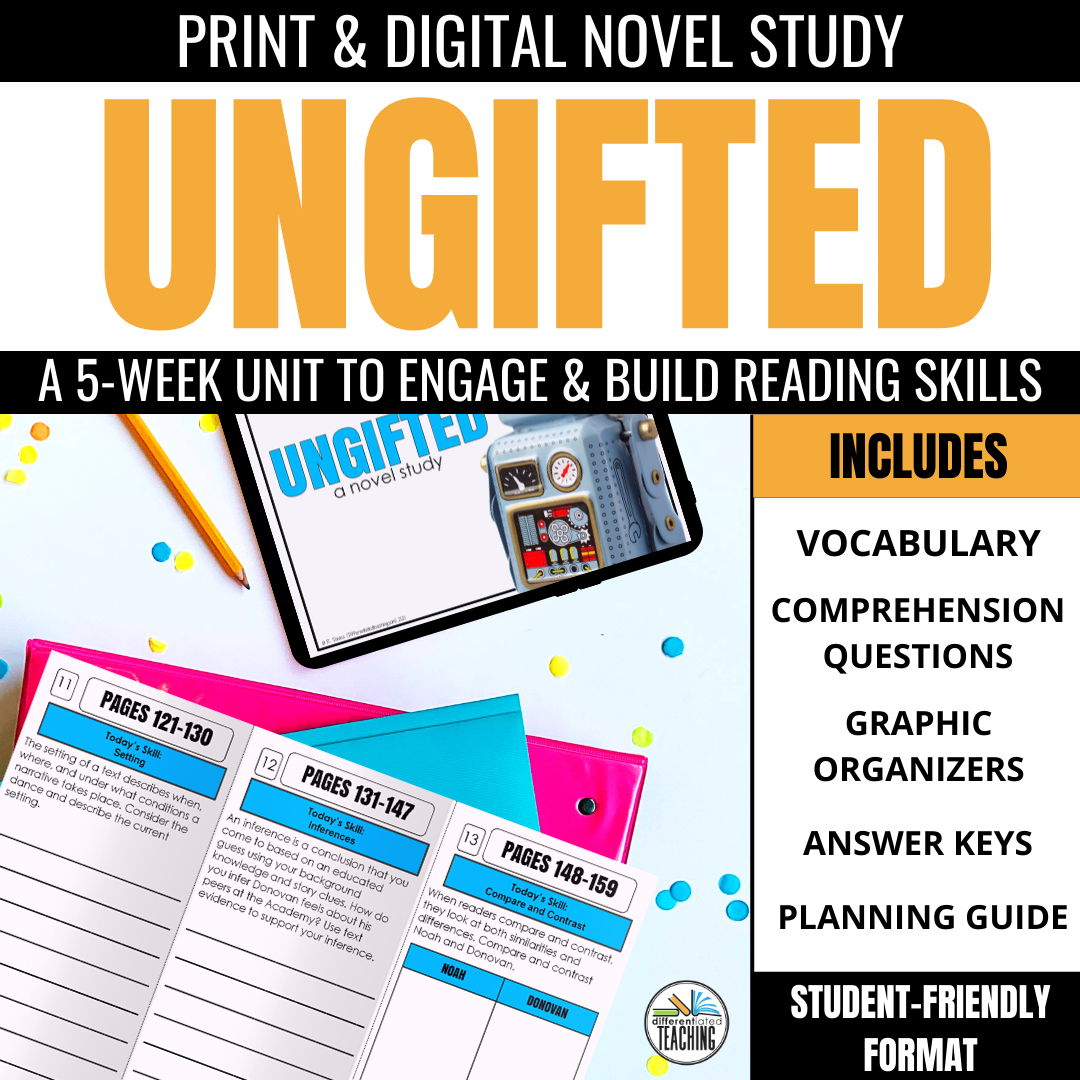 Promotional graphic for the Ungifted Novel Study Unit by Differentiated Teaching with Rebecca Davies, showing a tablet with the book cover, plus vocabulary, planning sheets, comprehension questions, organizers, answer keys & a student-friendly guide.