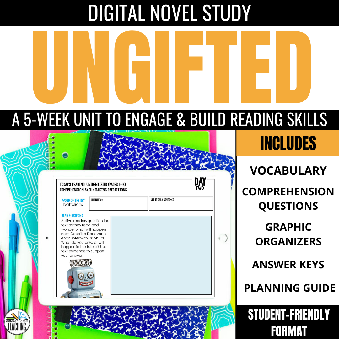 Promotional image for the Ungifted Novel Study Unit by Differentiated Teaching with Rebecca Davies. Features colorful supplies and a tablet with comprehension questions, plus vocabulary, organizers, answer keys, and a teacher literature guide.
